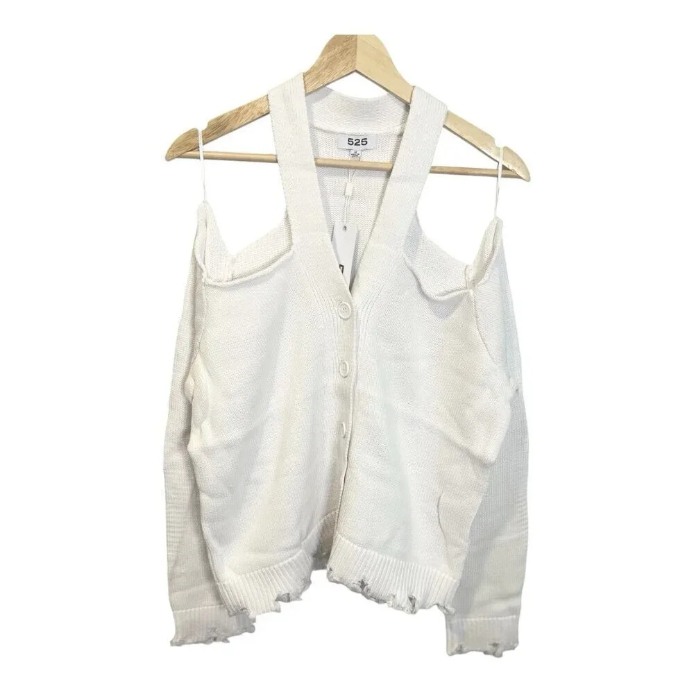 525 America Cut Out Cardigan Sweater Medium Bleach White Distressed Look NWT